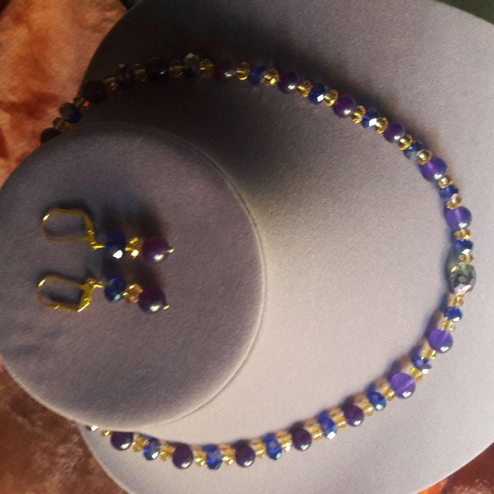 Handmade necklace/earring purple/gold beads center Swarosky bead 18 inches